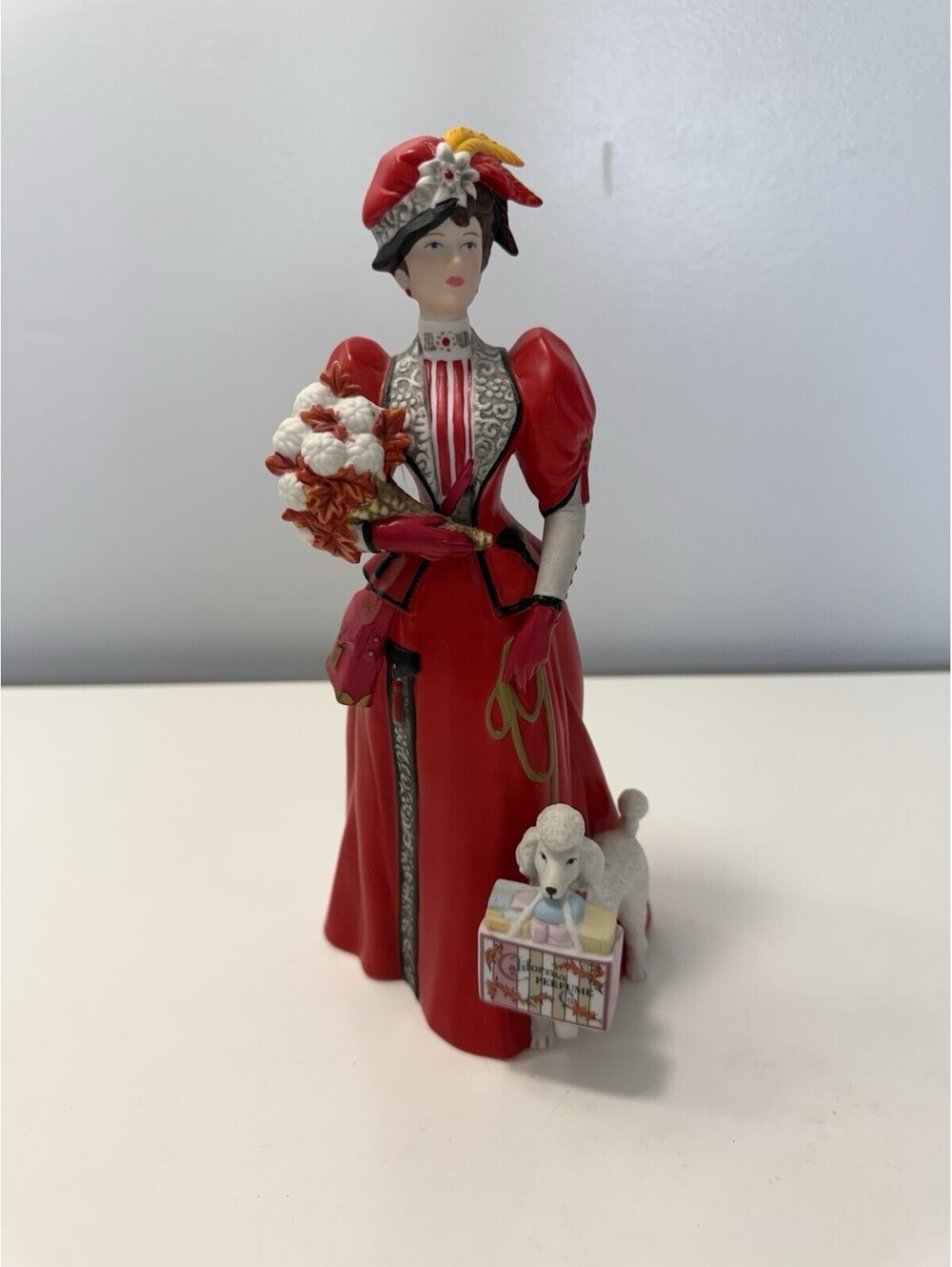 1997 AVON Mrs. P. F. E. Albee Award Victorian Woman Poodle Porcelain 10” T Red